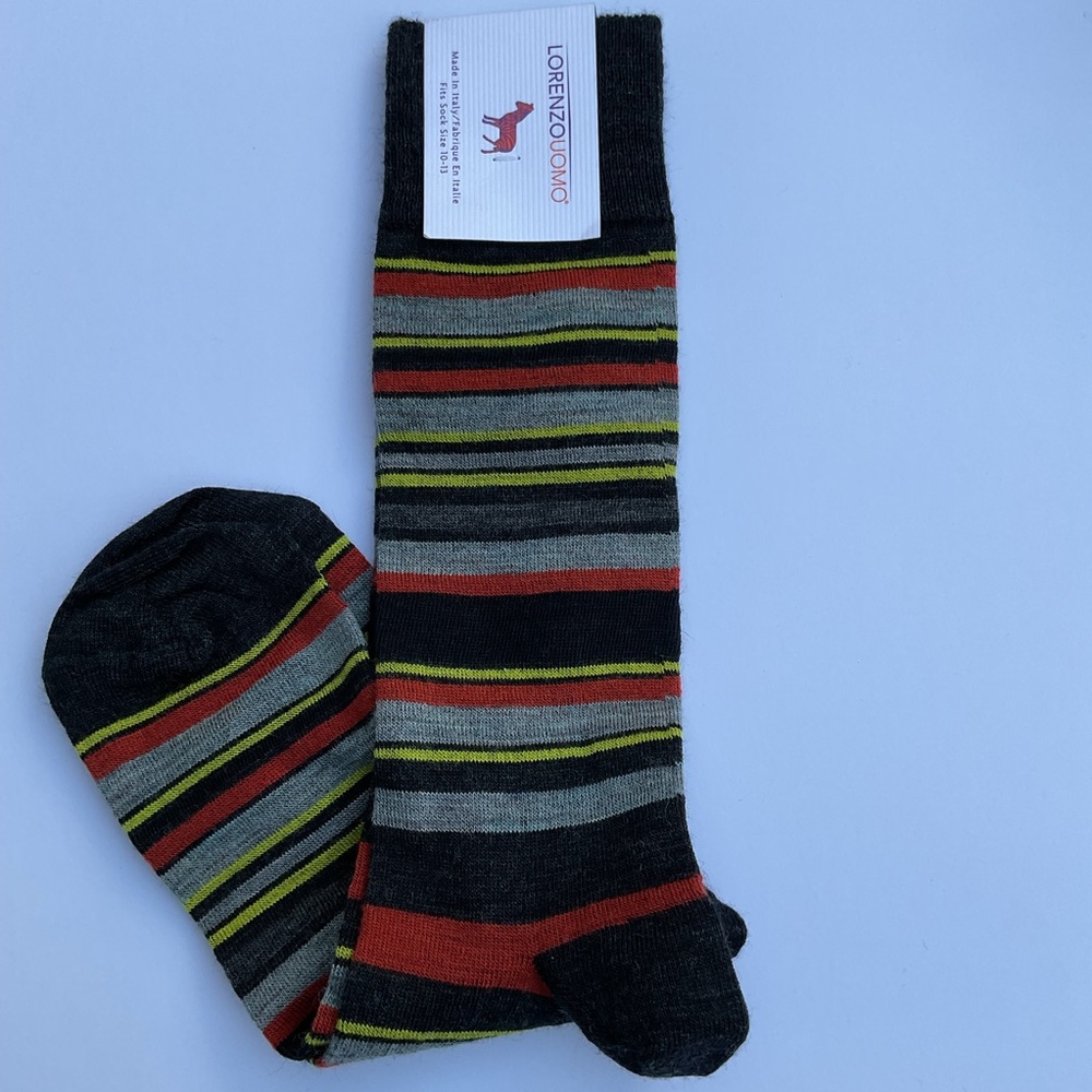 LORENZO UOMO MENS MERINO WOOL BLEND DRESS SOCKS CHARCOAL MULTI STRIPE OS NWT